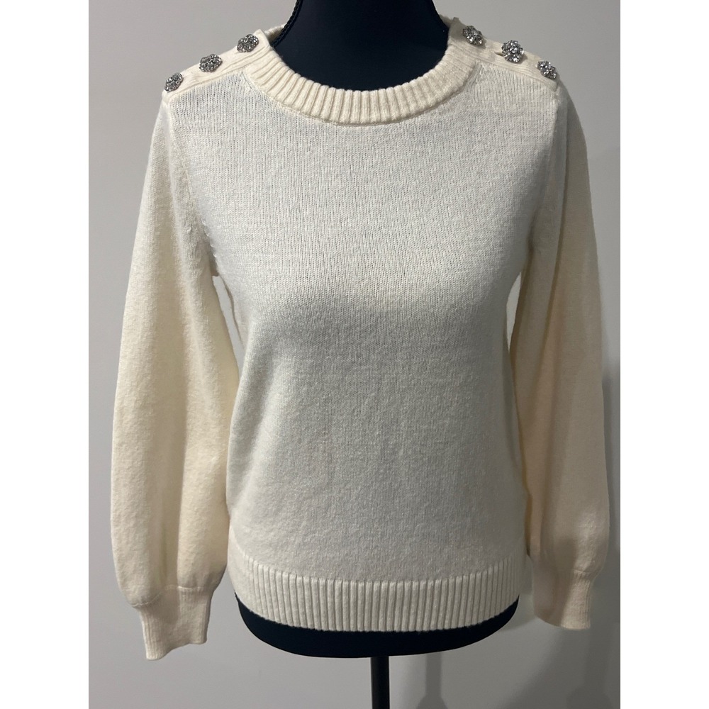 J.Crew Ivory Lambswool Blend Sweater Decorative Rhinestone Buttons XS FLAW